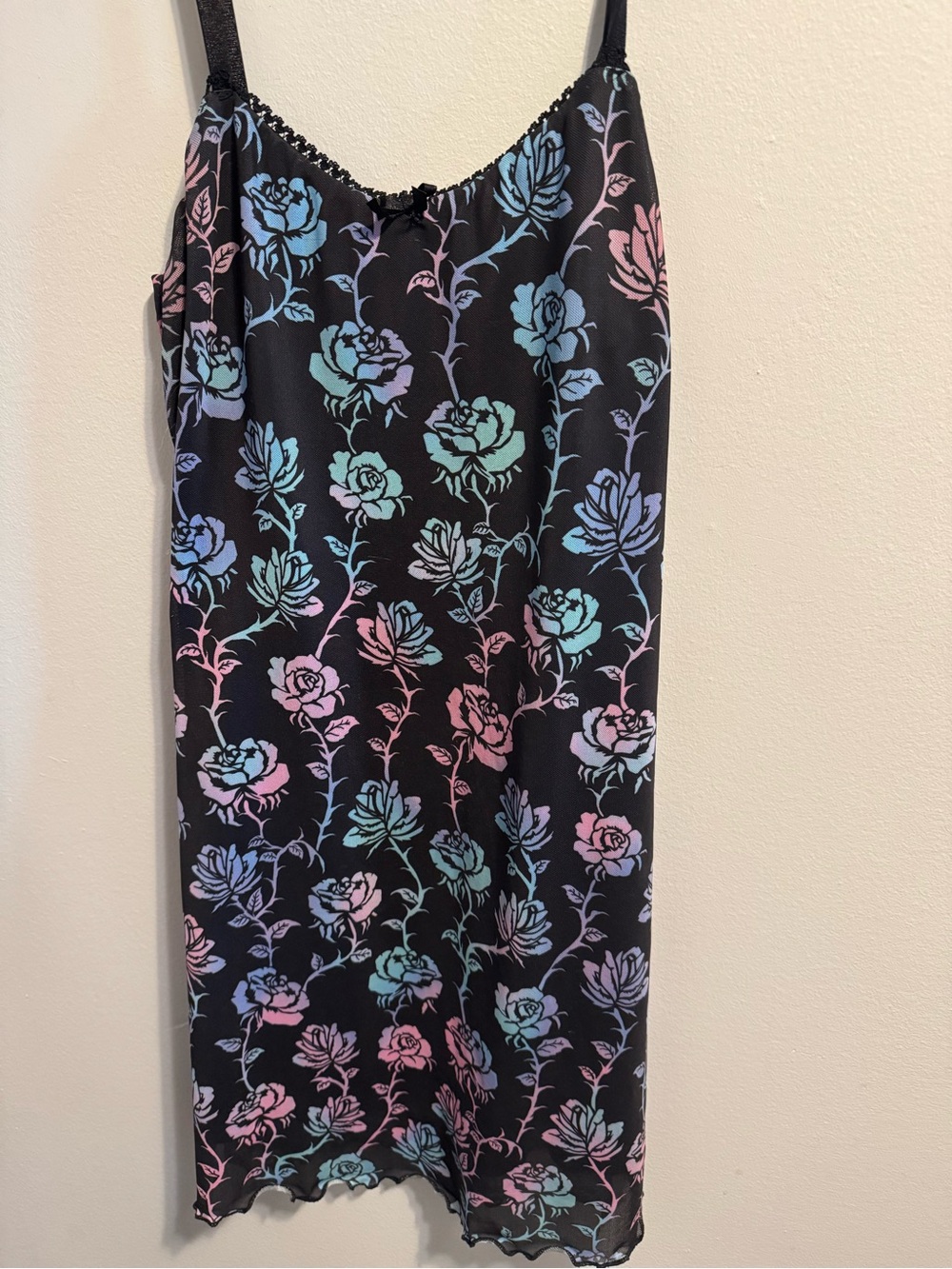 Widow Dolls Kill Black Midi Slip Dress with Pastel Rose Print Medium